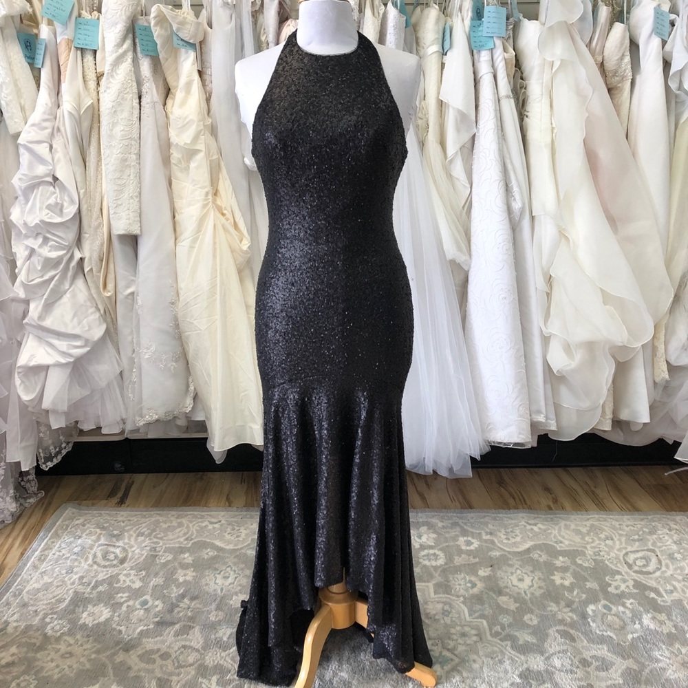 High Neck, Fully Sequined Gown Hi-Low Hem